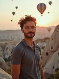 Breathtakingly man as digital nomad with hot air balloons in the background in cappadocia, Türkiye. Cappadocia, Turkey