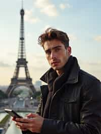 man as digital nomad in Paris with the Eiffel Tower in background