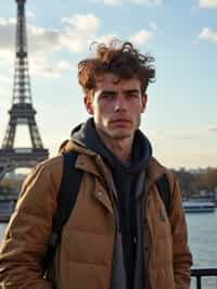 man as digital nomad in Paris with the Eiffel Tower in background