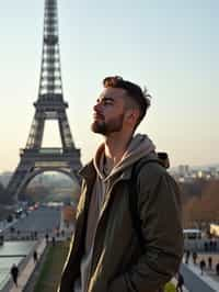 man as digital nomad in Paris with the Eiffel Tower in background