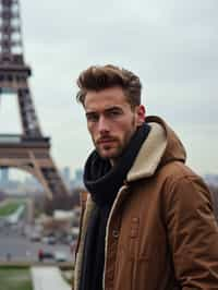 man as digital nomad in Paris with the Eiffel Tower in background