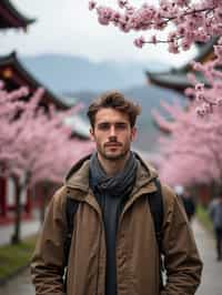 man as digital nomad in Japan with Japanese Cherry Blossom Trees and Japanese temples in background