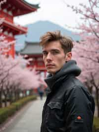 man as digital nomad in Japan with Japanese Cherry Blossom Trees and Japanese temples in background