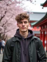 man as digital nomad in Japan with Japanese Cherry Blossom Trees and Japanese temples in background