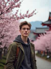 man as digital nomad in Japan with Japanese Cherry Blossom Trees and Japanese temples in background