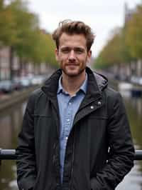 man as digital nomad in Amsterdam with the Amsterdam Canals in background