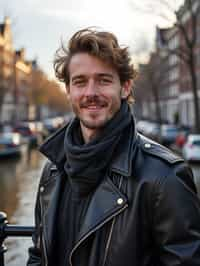 man as digital nomad in Amsterdam with the Amsterdam Canals in background