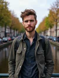 man as digital nomad in Amsterdam with the Amsterdam Canals in background