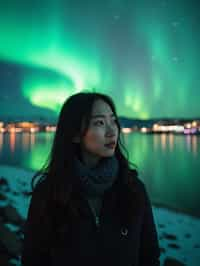 woman as digital nomad in Reykjavik with the Northern Lights in the background