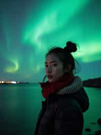 woman as digital nomad in Reykjavik with the Northern Lights in the background