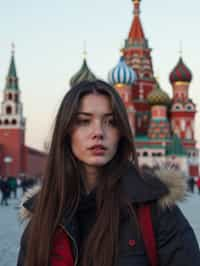 woman as digital nomad in Moscow with the Kremlin in the background