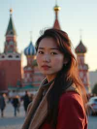 woman as digital nomad in Moscow with the Kremlin in the background