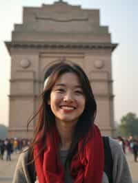 woman as digital nomad in Delhi with the India Gate in the background