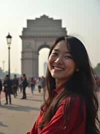 woman as digital nomad in Delhi with the India Gate in the background