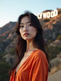 woman as digital nomad in Los Angeles with the Hollywood sign in the background