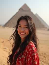 woman as digital nomad in Cairo with the Pyramids of Giza in the background