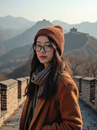 woman as digital nomad in Beijing with the Great Wall in the background