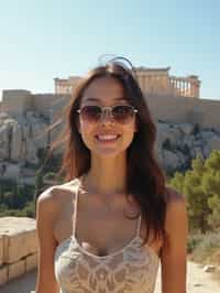 woman as digital nomad in Athens with the Acropolis in the background