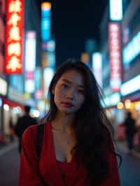 woman as digital nomad in Tokyo at night with neon lights