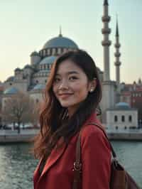 woman as digital nomad in Istanbul with The Mosque in background