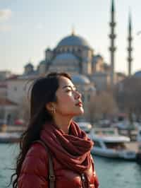 woman as digital nomad in Istanbul with The Mosque in background