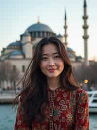 woman as digital nomad in Istanbul with The Mosque in background