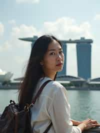 woman as digital nomad in Singapore with Marina Bay Sands in background