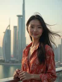 woman as digital nomad in Dubai with skyline in background