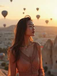 Breathtakingly woman as digital nomad with hot air balloons in the background in cappadocia, Türkiye. Cappadocia, Turkey