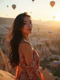 Breathtakingly woman as digital nomad with hot air balloons in the background in cappadocia, Türkiye. Cappadocia, Turkey