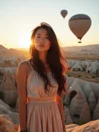 Breathtakingly woman as digital nomad with hot air balloons in the background in cappadocia, Türkiye. Cappadocia, Turkey