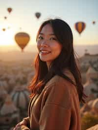 Breathtakingly woman as digital nomad with hot air balloons in the background in cappadocia, Türkiye. Cappadocia, Turkey