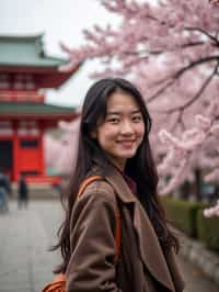 woman as digital nomad in Japan with Japanese Cherry Blossom Trees and Japanese temples in background