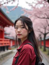 woman as digital nomad in Japan with Japanese Cherry Blossom Trees and Japanese temples in background