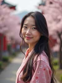 woman as digital nomad in Japan with Japanese Cherry Blossom Trees and Japanese temples in background