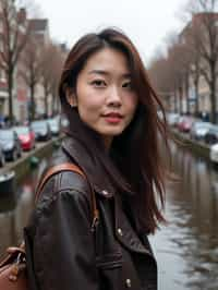 woman as digital nomad in Amsterdam with the Amsterdam Canals in background