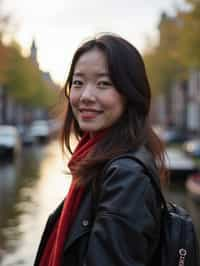 woman as digital nomad in Amsterdam with the Amsterdam Canals in background