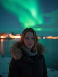 woman as digital nomad in Reykjavik with the Northern Lights in the background