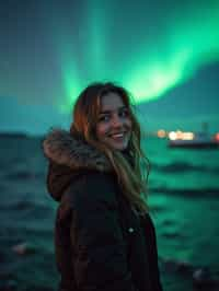 woman as digital nomad in Reykjavik with the Northern Lights in the background