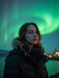 woman as digital nomad in Reykjavik with the Northern Lights in the background