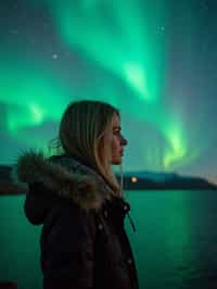 woman as digital nomad in Reykjavik with the Northern Lights in the background