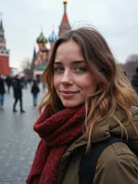 woman as digital nomad in Moscow with the Kremlin in the background