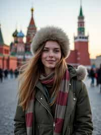 woman as digital nomad in Moscow with the Kremlin in the background