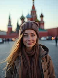 woman as digital nomad in Moscow with the Kremlin in the background