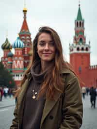 woman as digital nomad in Moscow with the Kremlin in the background