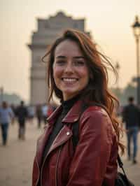 woman as digital nomad in Delhi with the India Gate in the background