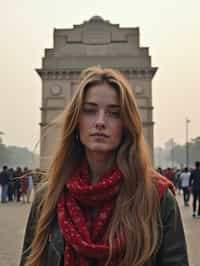 woman as digital nomad in Delhi with the India Gate in the background