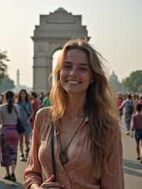 woman as digital nomad in Delhi with the India Gate in the background