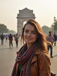 woman as digital nomad in Delhi with the India Gate in the background