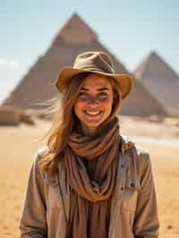 woman as digital nomad in Cairo with the Pyramids of Giza in the background